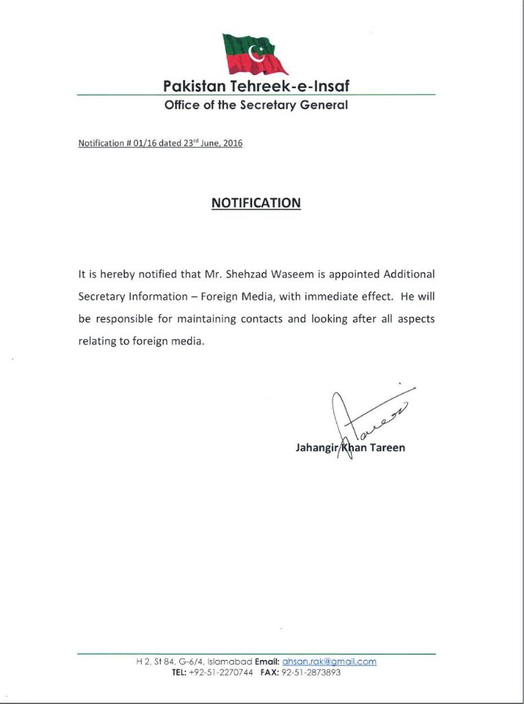 Dr Shahzad Wasseem appointed as PTI Additional Secretary Information - Foreign Media