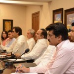 Chairman Pakistan Tehreek-e-Insaf Imran Khan chairing PTI consultative meeting at Bani Gala on current political situation